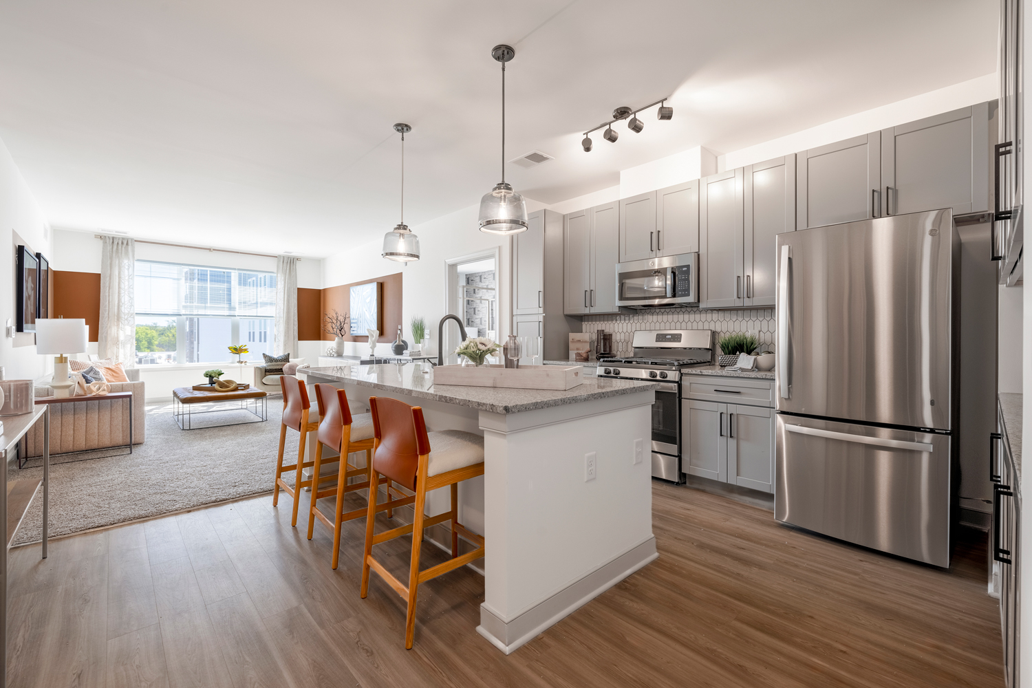 Kitchen leading into living room
