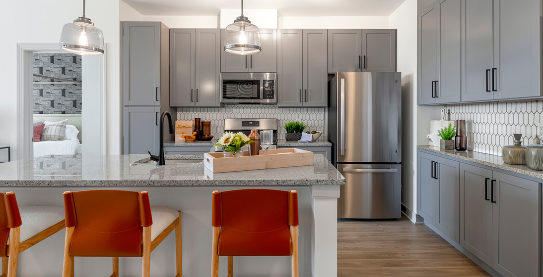 Kitchen with red chairs