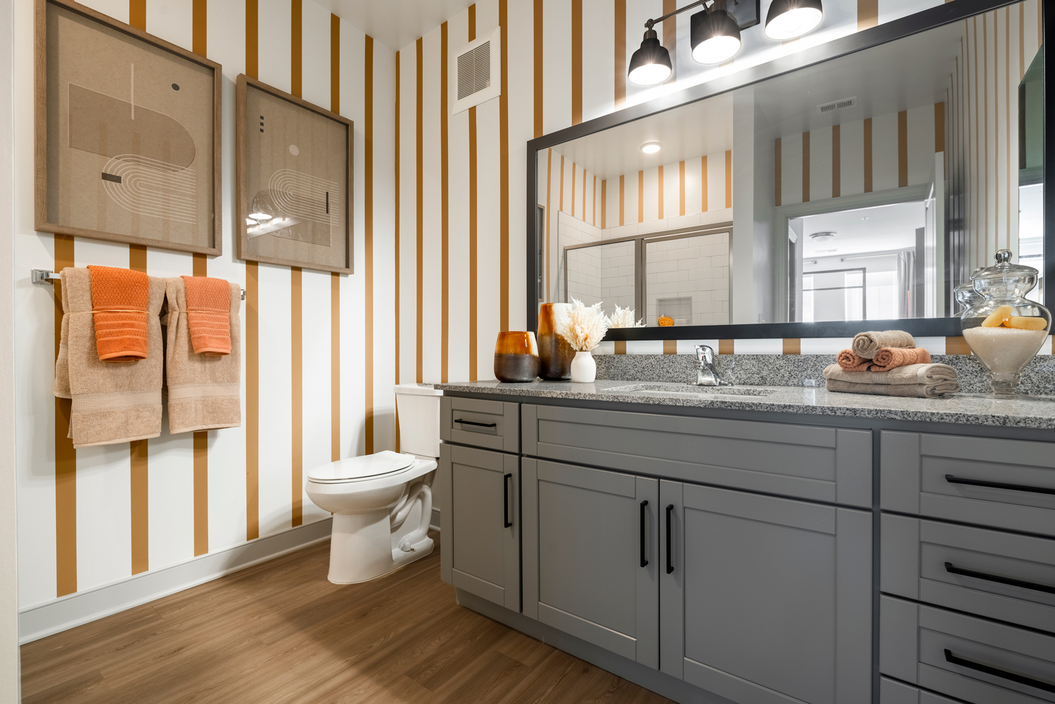 Bathroom with grey cabinets