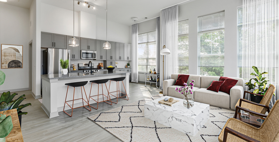 Living room opening to kitchen