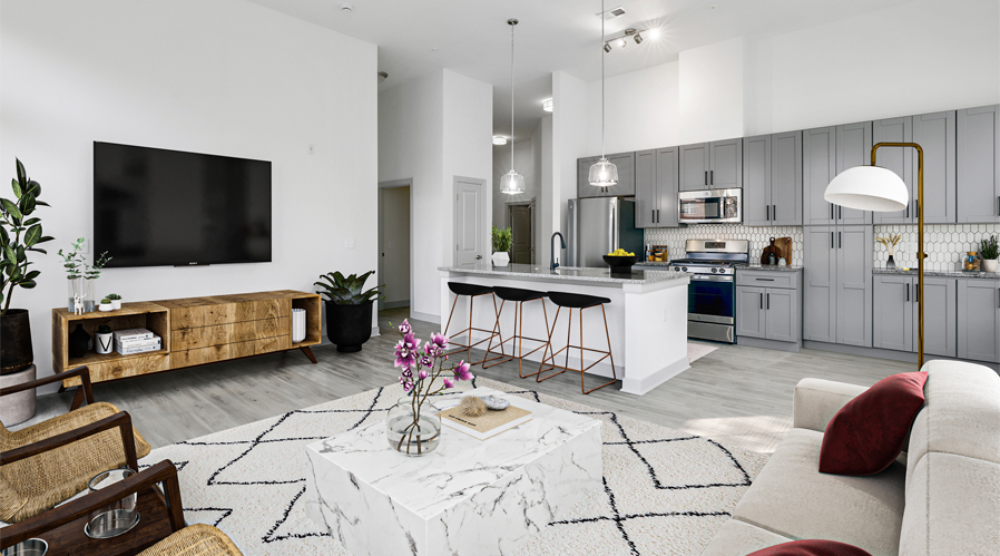 Living room opening to kitchen